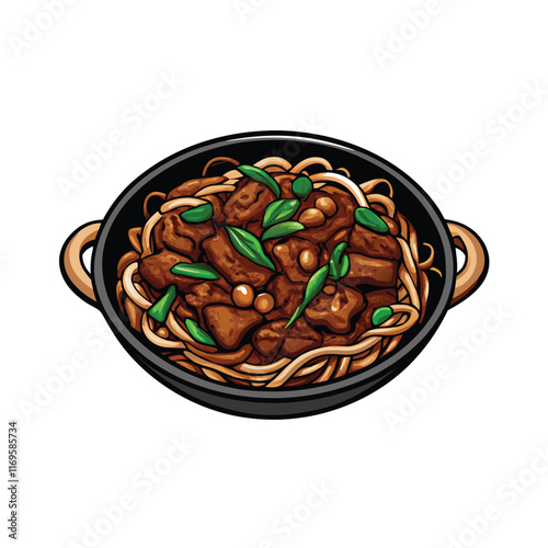 Detailed vector illustration of a wok filled with stir-fried beef, noodles, and green vegetables.