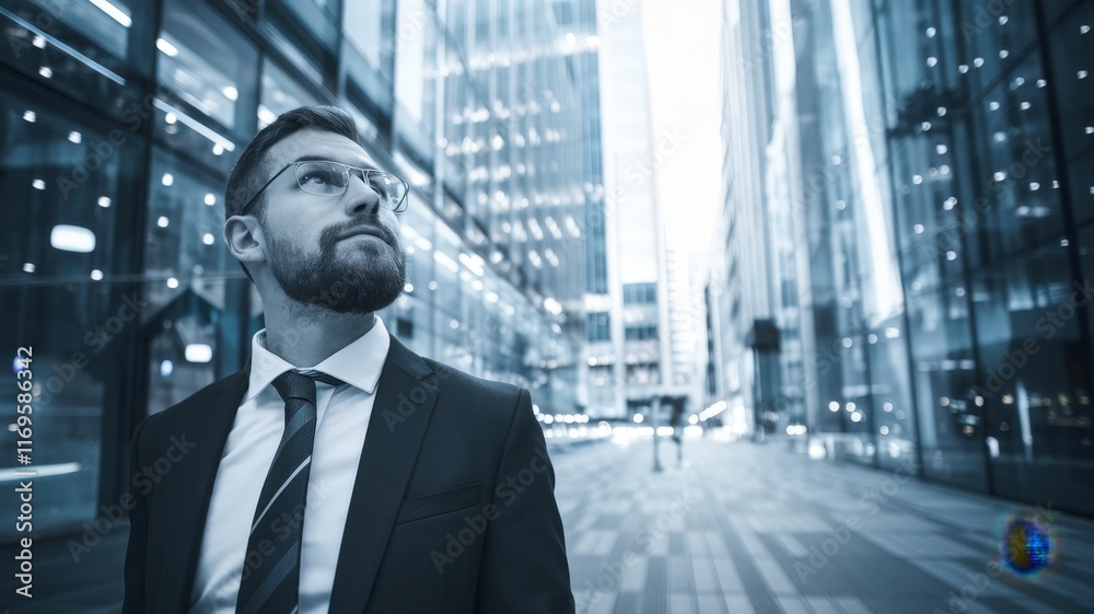 Businessman looking up in a modern urban environment Businessman looking up in a modern urban environment