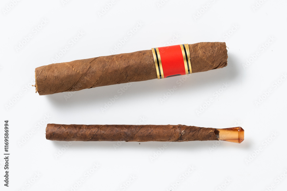 Cuban cigars isolated on white background. Top view. Cuban cigars isolated on white background. Top view.