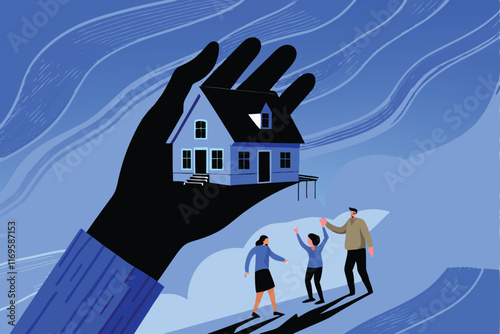Illustration of a family losing their home, with a giant hand holding a house over their heads.