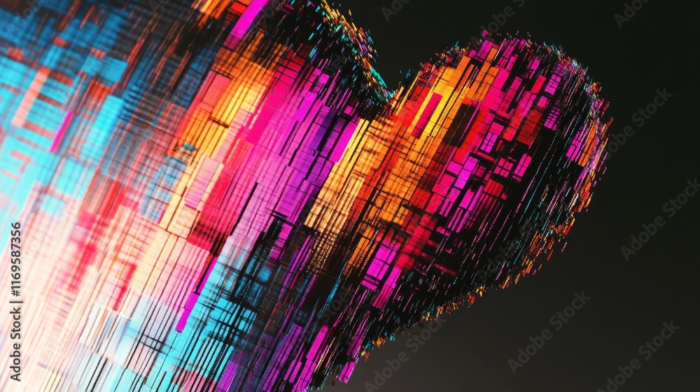 Obraz premium Heart-shaped glitch design featuring vibrant digital stripes in a colorful array
