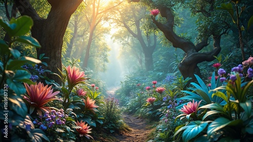 Magical Sunlit Forest Path with Lush Tropical Flowers