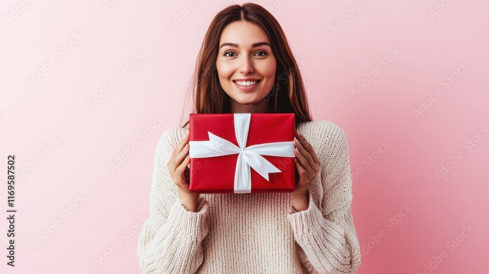 Fototapeta premium A young woman of unspecified ethnicity smiling and holding a red gift box with white ribbon in front of a pink background. Bright and cheerful ambiance.