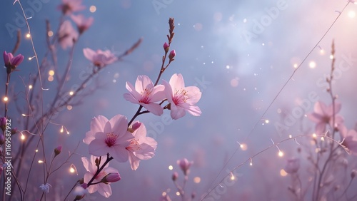 Enchanted Pink Blossom Fairy Lights Dreamy Spring Floral Scene