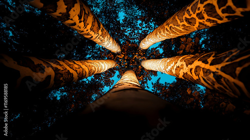 Low angle view of four tree trunks against a twilight sky. photo