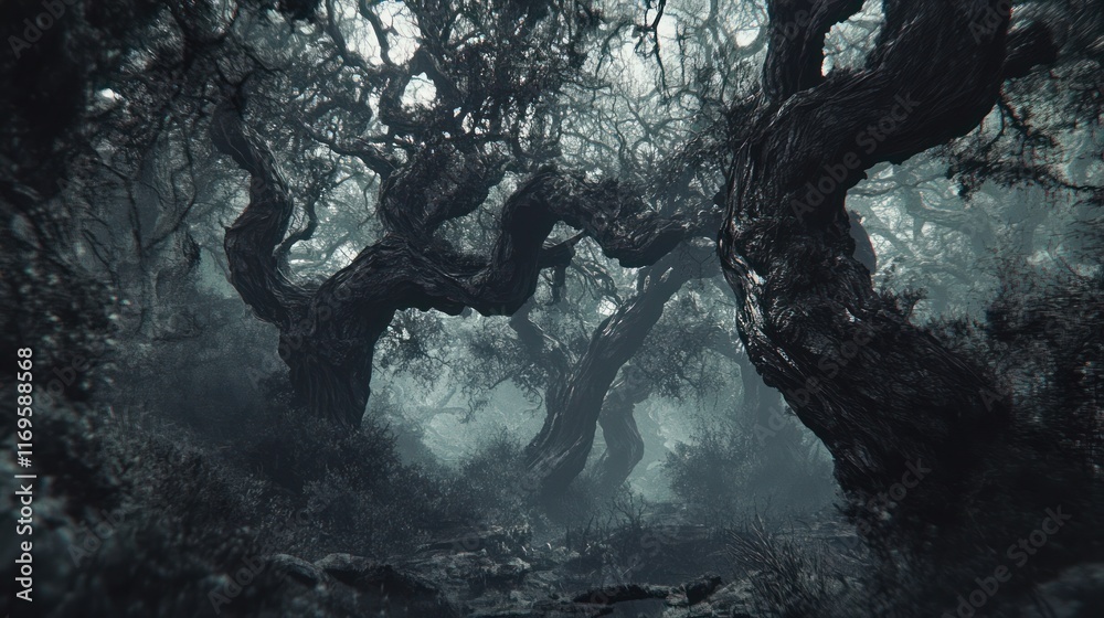 Ancient Twisted Trees in a Foggy Dark Forest Ancient Twisted Trees in a Foggy Dark Forest