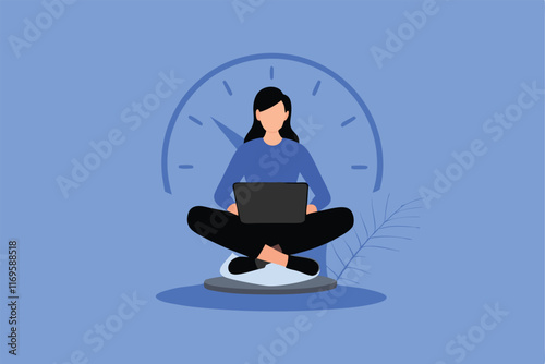 A person sitting cross-legged with a laptop in front of a large clock face.