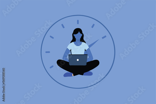 Illustration of a woman working on a laptop, sitting in a circle representing a clock, symbolizing the concept of flexible work hours and work-life balance.