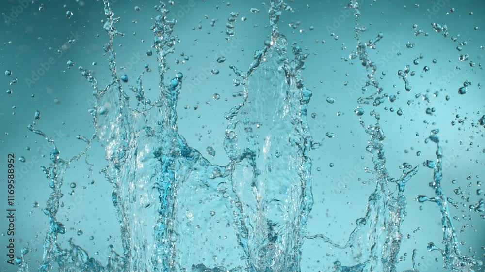Slow motion of splashing water on light blue background , filmed on high speed cinematic camera at 1000 FPS Slow motion of splashing water on light blue background , filmed on high speed cinematic camera at 1000 FPS
