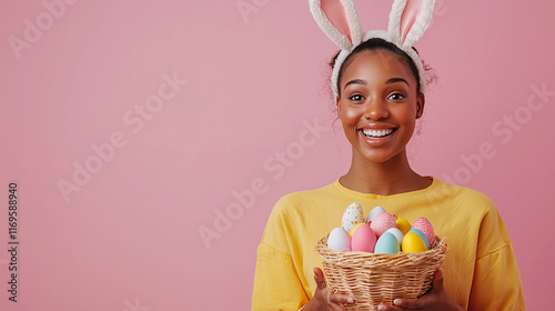 Joyful Woman with Bunny Ears and Colorful Eggs on Pink Background photo