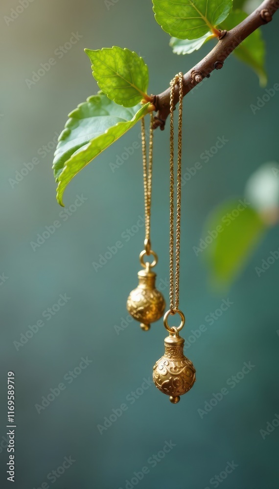 Small golden charm dangles from simple string , art, background, isolated Small golden charm dangles from simple string , art, background, isolated