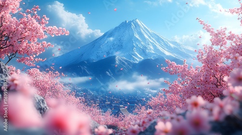 Spring Fuji Cherry blossoms frame snow-capped mountain, town below, idyllic postcard