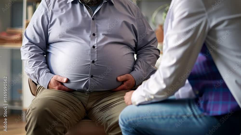 A patient sits in a chair, visibly experiencing discomfort while discussing obesity with a therapist. The environment is calm and supportive, fostering open dialogue about health. A patient sits in a chair, visibly experiencing discomfort while discussing obesity with a therapist. The environment is calm and supportive, fostering open dialogue about health.