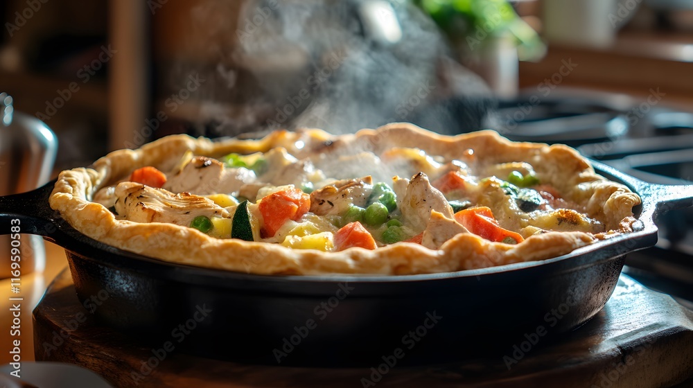 A Delicious Rustic Chicken Pot Pie with Colorful Vegetables in a Cast-Iron Skillet A Delicious Rustic Chicken Pot Pie with Colorful Vegetables in a Cast-Iron Skillet