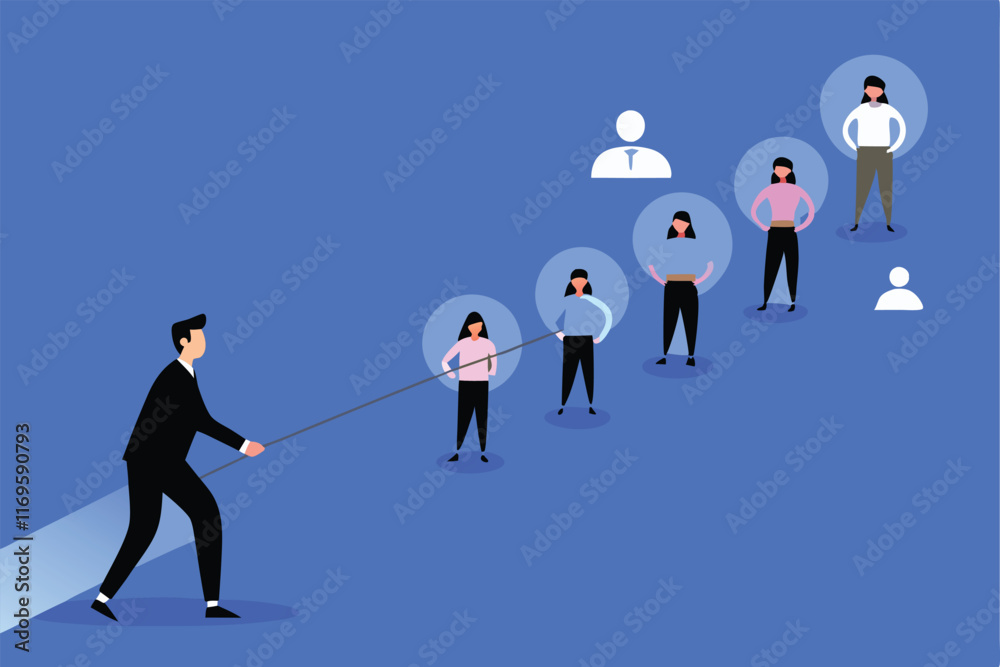Fototapeta premium A businessman pulls a rope, connected to employees, to keep them from leaving.