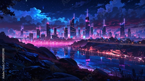 Glowing neon city in mystical landscape at night, surreal nature concept