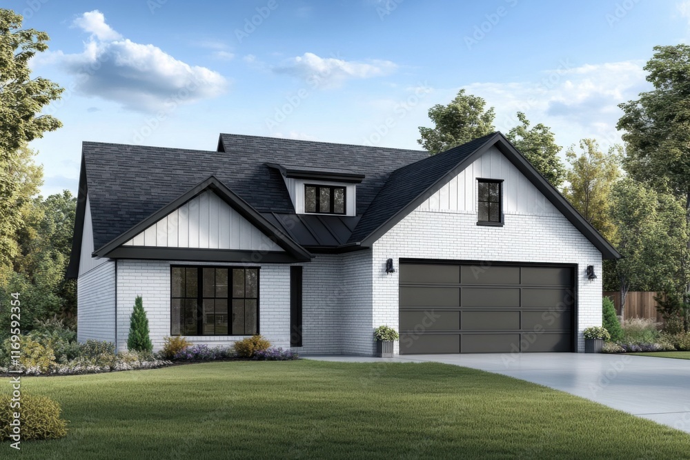 This contemporary two-story residence features a sleek architectural design and an expansive front yard, all embraced by vibrant greenery under the bright daylight This contemporary two-story residence features a sleek architectural design and an expansive front yard, all embraced by vibrant greenery under the bright daylight