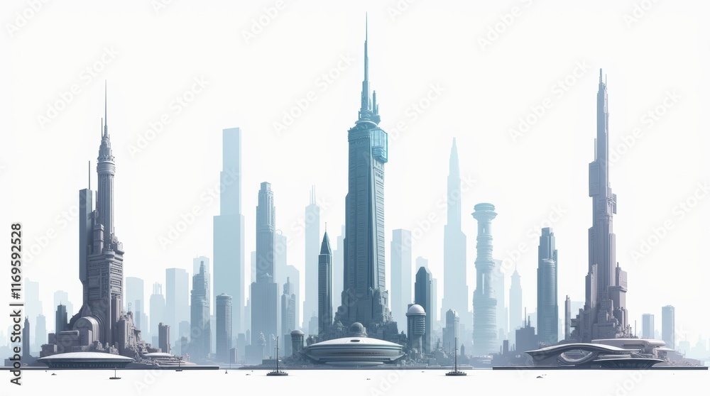Fototapeta premium A collection of futuristic cityscapes in various architectural styles, with sci-fi backgrounds, isolated on a white background