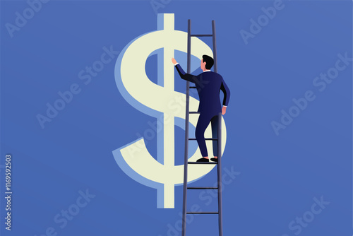 A businessman climbs a ladder towards a large dollar sign, symbolizing the pursuit of financial independence.