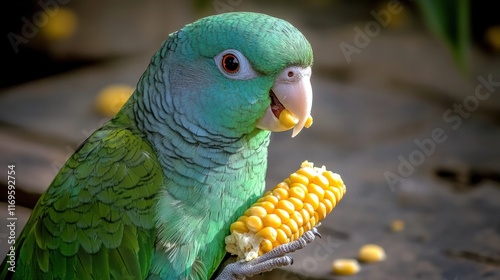 Green indian ringneck parrot eating corn on the cob