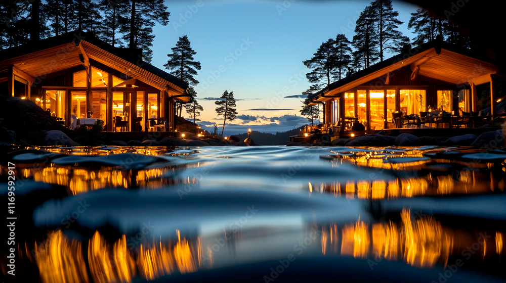 Fototapeta premium Illuminated lakefront cabins at dusk, reflecting in calm water.
