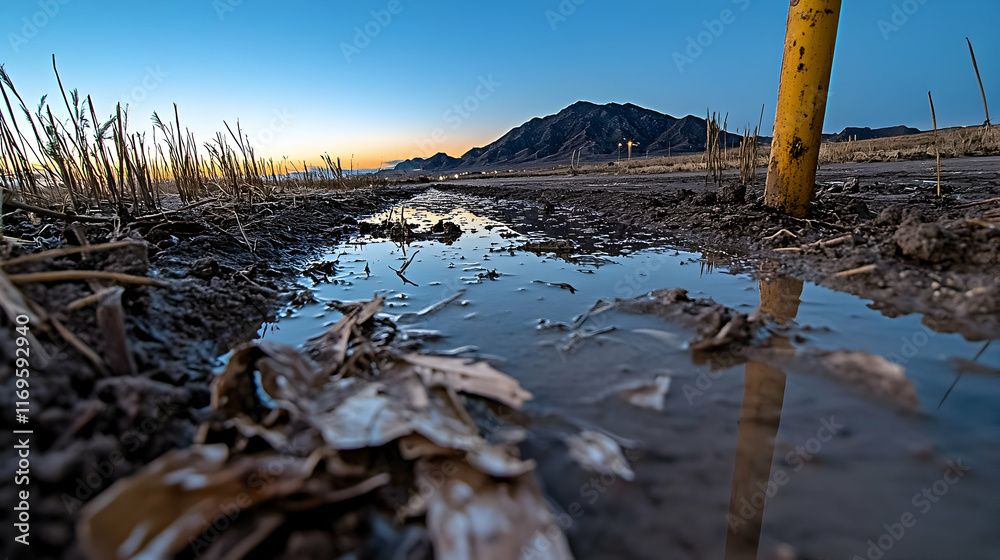 Low angle view of puddle on dirt road with mountain background at sunset. Low angle view of puddle on dirt road with mountain background at sunset.