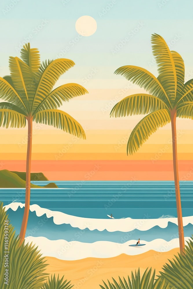 Obraz premium Tropical beach sunset with surfers and palm trees