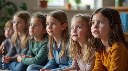A group of young children sitting on the floor, listening to a story with focused expressions in a bright classroom environment.