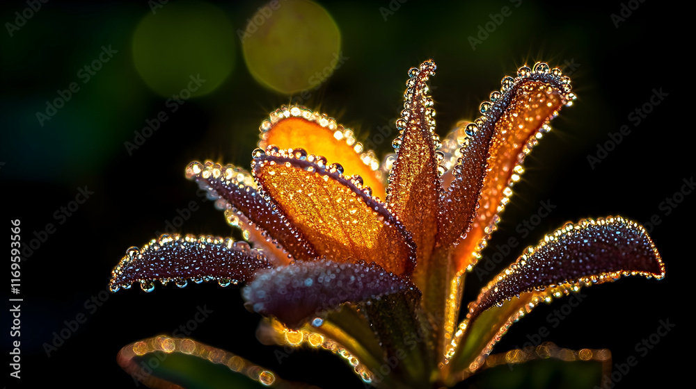 Dew-covered flower petals glowing in sunlight. Dew-covered flower petals glowing in sunlight.