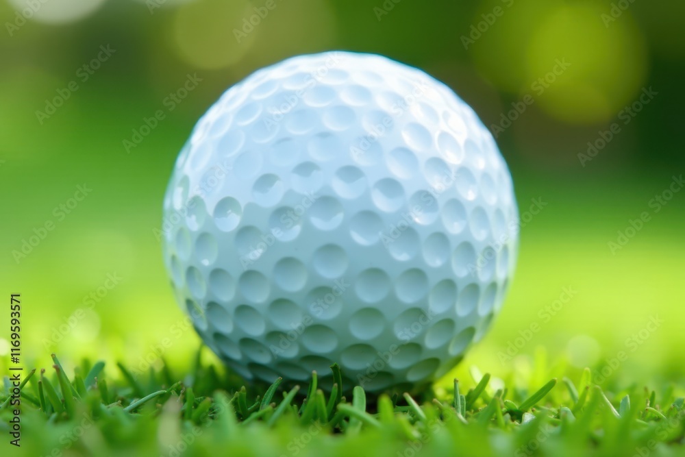 Close-up of a dimpled golf ball on pristine white , detail, putting green, game Close-up of a dimpled golf ball on pristine white , detail, putting green, game