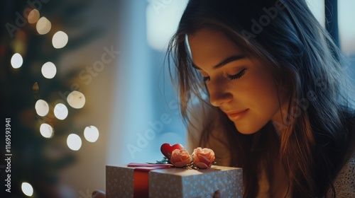 A young woman of European descent gently holds a beautifully wrapped gift with roses on top, smiling softly and surrounded by a festive atmosphere. photo