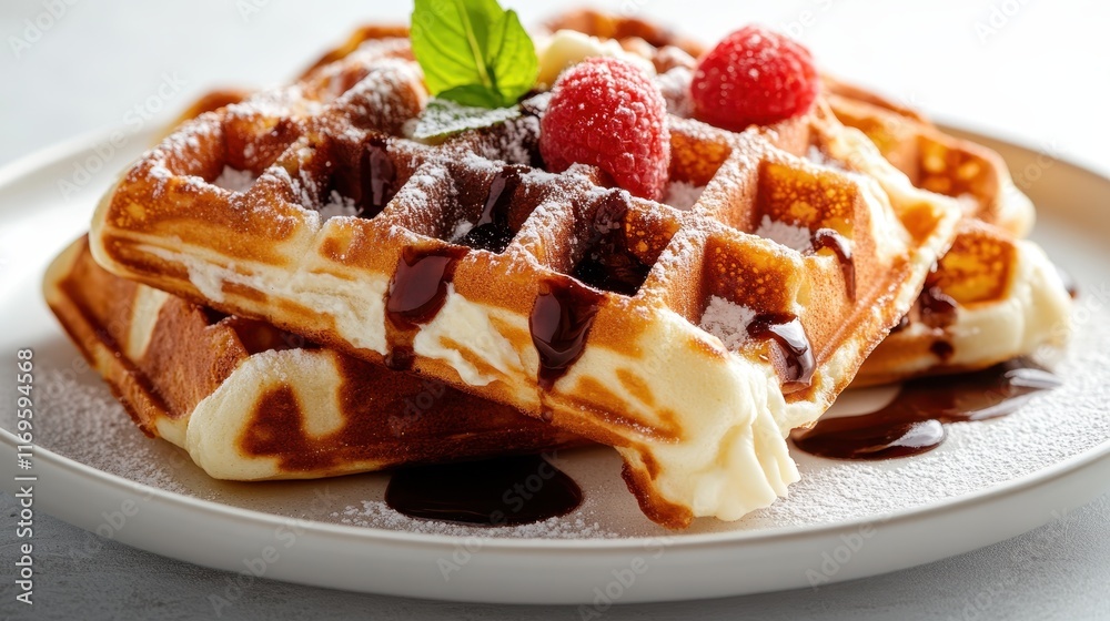 An enticing display of waffles, generously drizzled with rich chocolate sauce, accompanied by fresh raspberries, highlighting a decadent and enticing dessert experience.