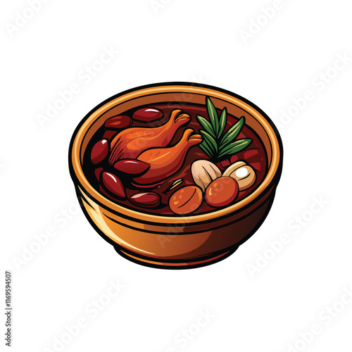 Create a realistic vector illustration of a bowl of Chinese herbal soup with red beans, chicken, dates, nuts, and green herbs.