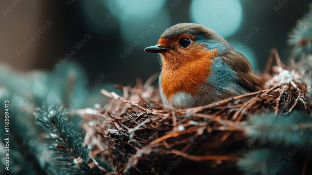 A stunning representation of a robin sitting in its nest, surrounded by greenery, embodying concepts of security, home, and the relationship between wildlife and its environment. A stunning representation of a robin sitting in its nest, surrounded by greenery, embodying concepts of security, home, and the relationship between wildlife and its environment.