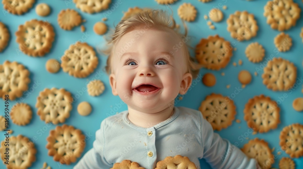 Joyful Baby Surrounded by Biscuits. Generative ai Joyful Baby Surrounded by Biscuits. Generative ai