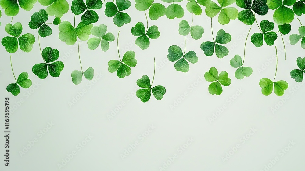 Four-leaf clovers dangle on a white wall in front of another white wall Four-leaf clovers dangle on a white wall in front of another white wall