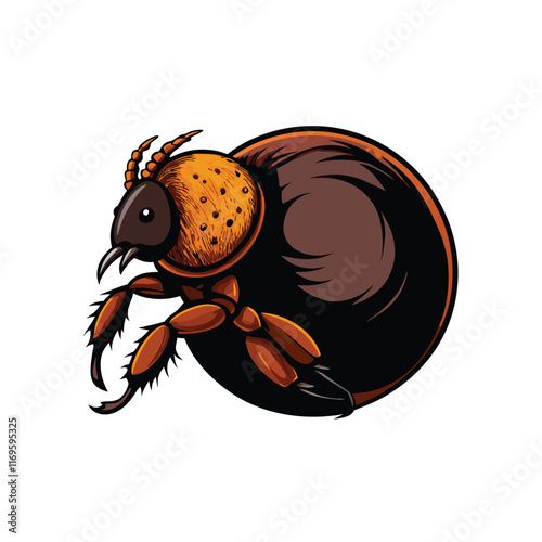 A realistic vector illustration of a dung beetle pushing a large ball of dung.