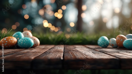 A captivating focus on colorful Easter eggs set against a dreamy bokeh background, highlighting the charm and whimsical nature of springtime festivities and holiday joy. photo