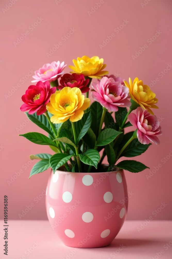 Vibrant blooms in polka dot pot, studio setting , focus, home decor, organic Vibrant blooms in polka dot pot, studio setting , focus, home decor, organic