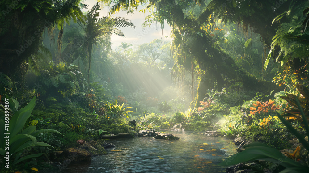 lush rainforest teeming with diverse wildlife and vibrant plants, misty sunlight filtering through dense trees