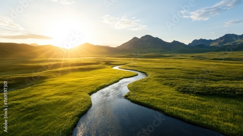 A serene winding river flows gracefully through vast golden fields under the warm glow of the sun, highlighting the beauty and tranquility of untouched nature in a picturesque setting. photo