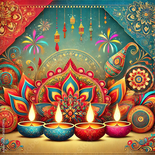 Happy Diwali festival with oil lamp, Rangoli decoration with Diya, Diwali holiday Background with rangoli, Diwali celebration greeting card,vector.
 photo