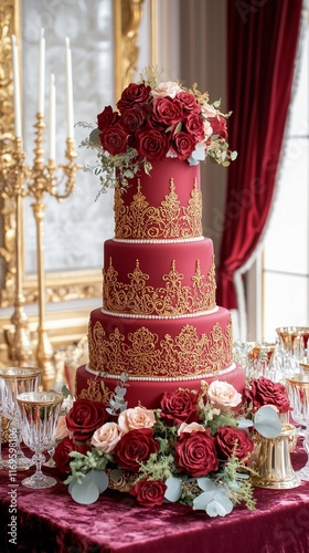 Elegant Red Rococo Wedding Cake with Roses  . photo