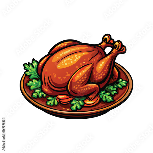 Generate a realistic vector illustration of a whole roasted chicken in Chinese style, placed on a brown platter with green parsley and orange slices.