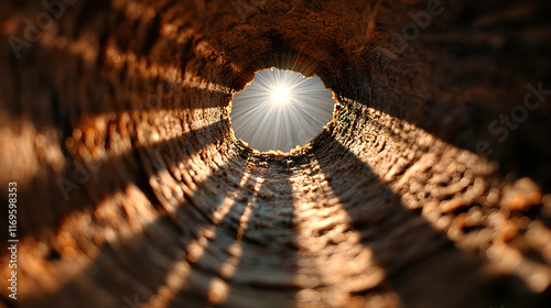 Sun shining through a hole in a tree trunk. photo