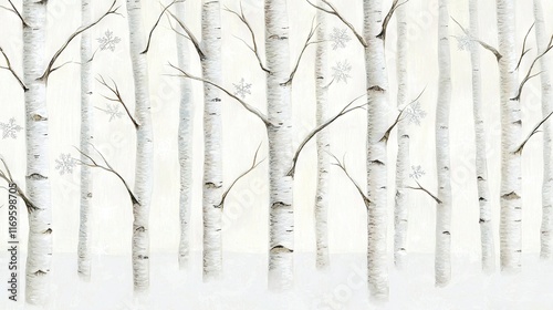   A snow-covered group of trees with fluttering snowflakes on the branches and ground
