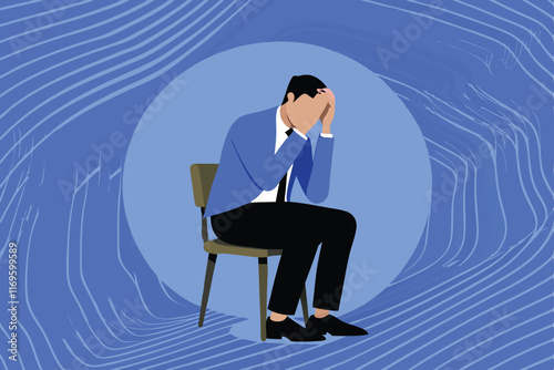 A businessman sits on a chair with his head in his hands, feeling the weight of a business mistake.