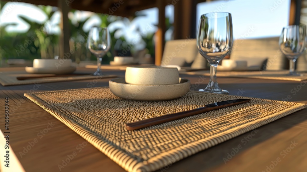 Elegant dining setup with tableware and glasses in a serene setting. Elegant dining setup with tableware and glasses in a serene setting.