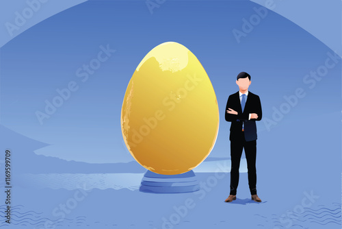Illustration of a businessman standing next to a large golden egg.