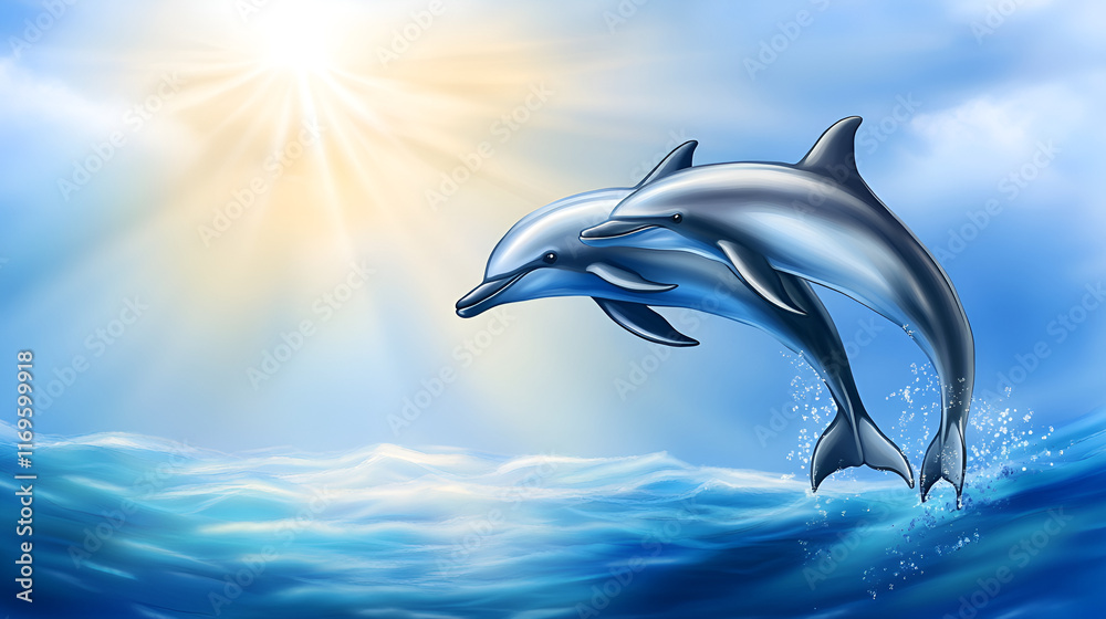 Fototapeta premium Two playful dolphins jumping out of blue ocean waves under bright sunlight in artistic illustration